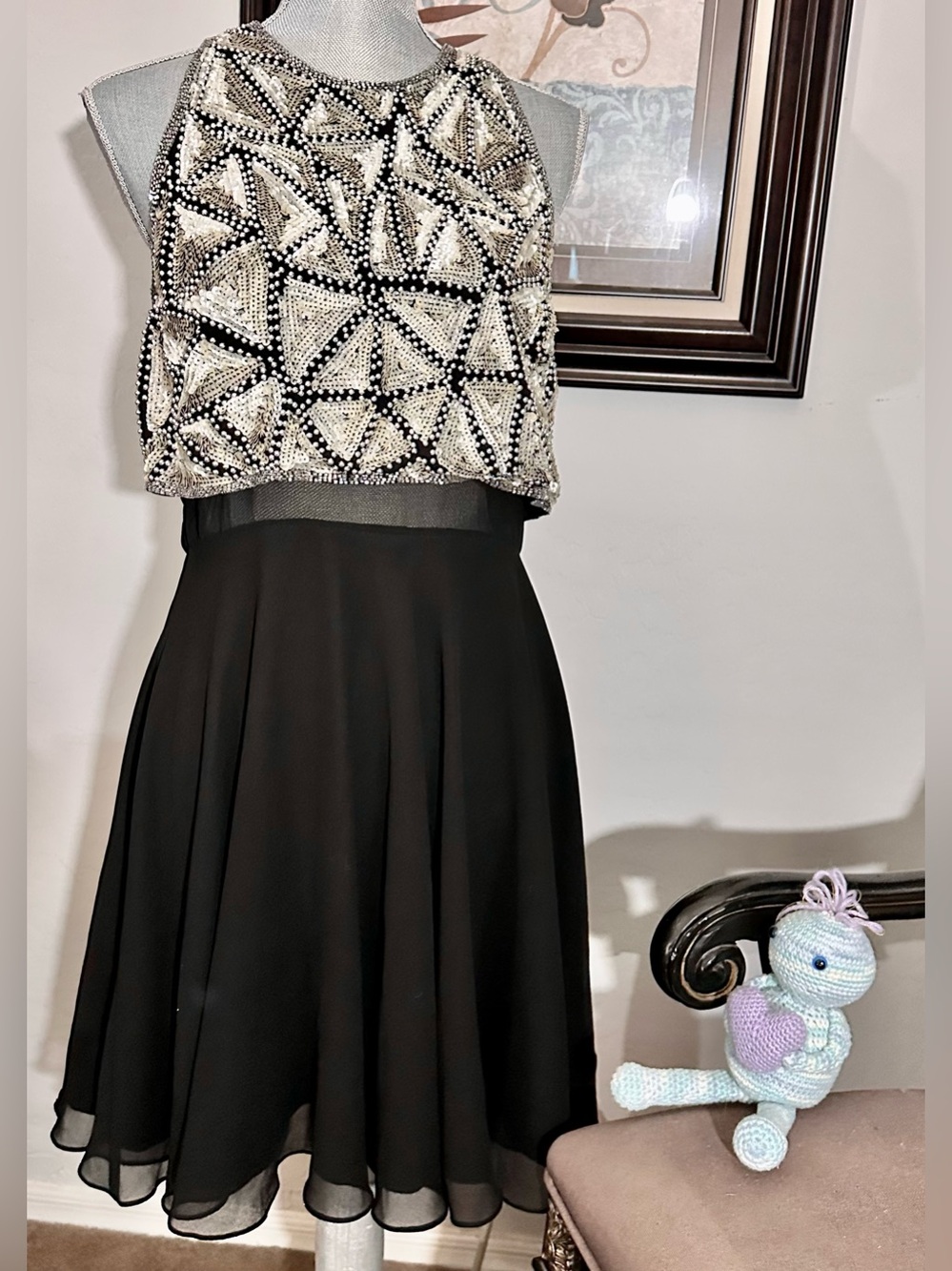ASOS Mini Dress Embellished with Geometric Bodice Overlay Chiffon Skater Skirt